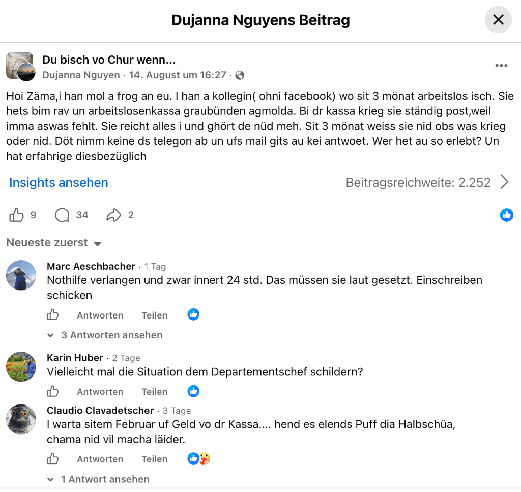 Debate actual en el grupo de Facebook Du bisch vo Chur wenn sobre la sobrecarga de la caja de desempleo
