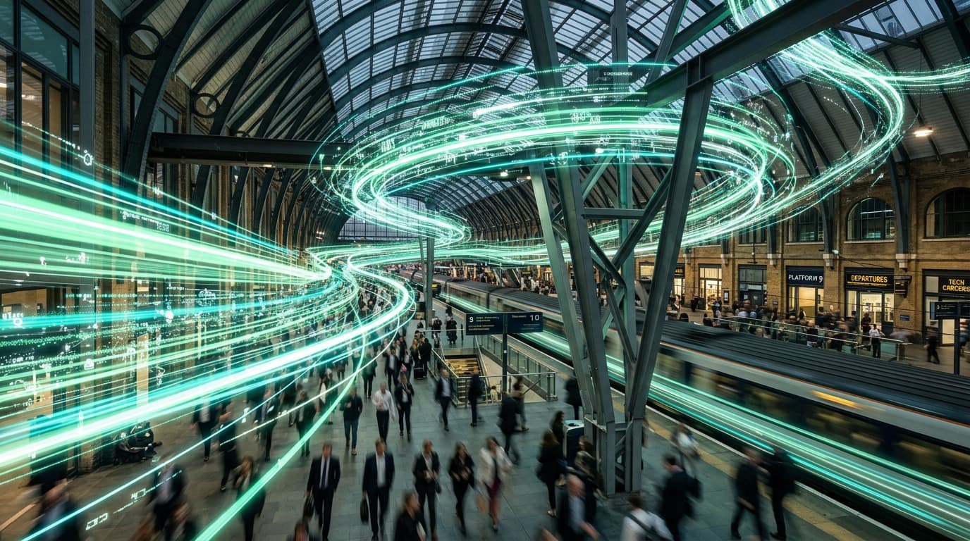 Abstrakte 3D-Darstellung von Datenströmen in einer Bahnhofshalle