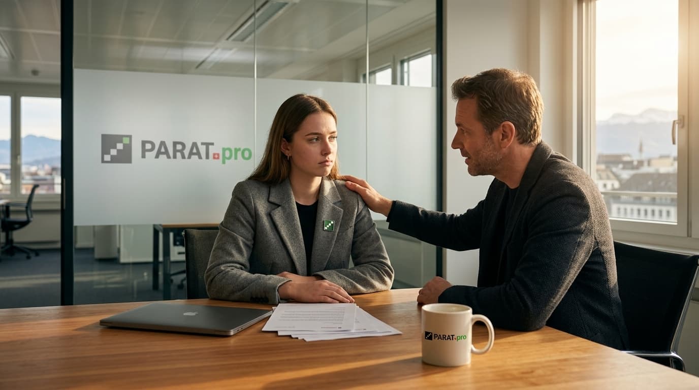 Mentoring-Gespräch in einem Schweizer Büro zum Thema Absagen bei der Jobsuche und Selbstwertgefühl