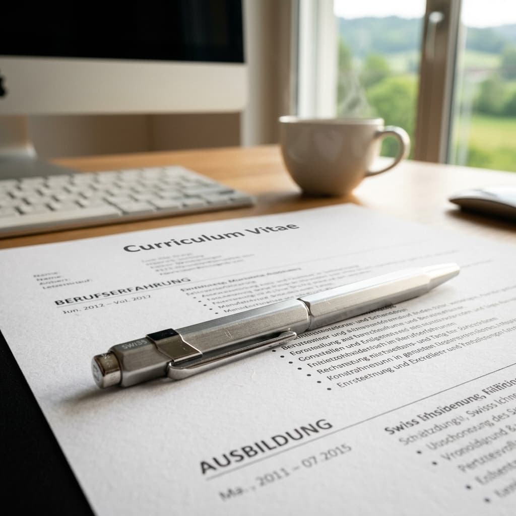 Kaffeetasse, Stift und Papier auf einem Tisch – Sinnbild für authentische Bewerbungsarbeit mit KI-Unterstützung