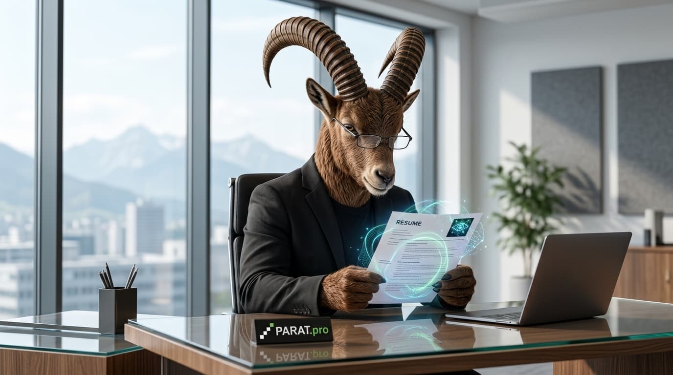 Der PARAT Steinbock als HR-Recruiter prüft eine leuchtende KI-Bewerbung.