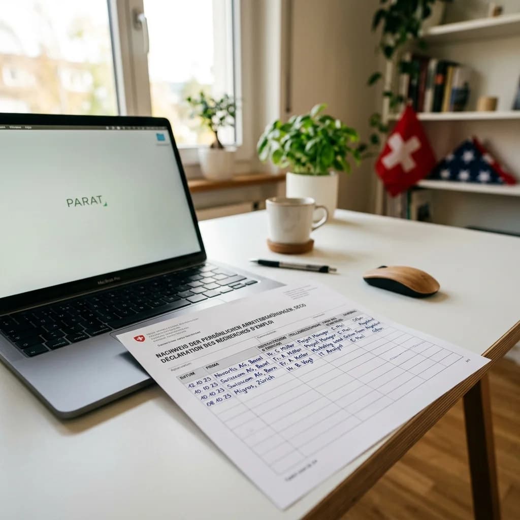 Original SECO RAV-Formular liegt ausgefüllt auf dem Schreibtisch neben einem Laptop mit PARAT-Dashboard