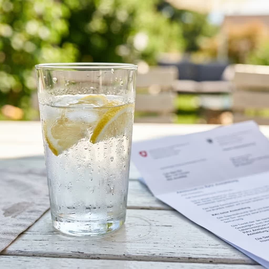 Primer plano de un vaso de limonada helada con gotas de condensación junto a una carta del RAV desenfocada en una mesa de jardín en verano