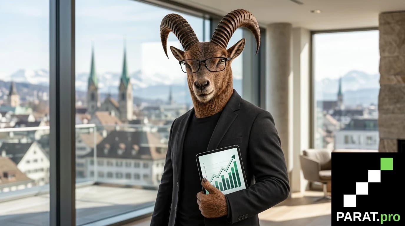 PARAT Steinbock im Business-Anzug mit Brille und Tablet mit Einkommensgrafik im modernen Schweizer Büro mit Blick auf die Alpen