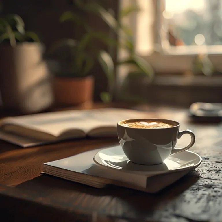 Nahaufnahme einer Kaffeetasse und eines Notizbuchs auf einem Schreibtisch