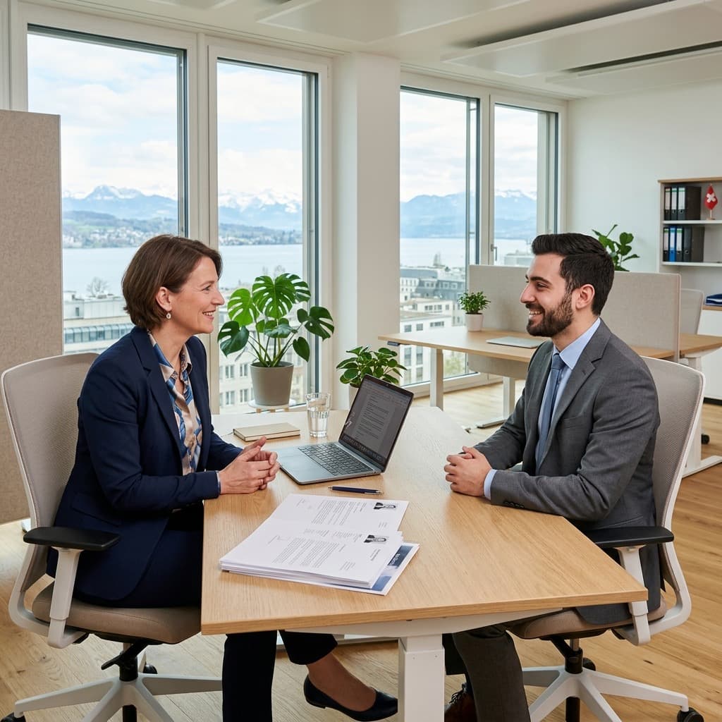 RAV Beratungsgespräch in einem hellen Schweizer Büro