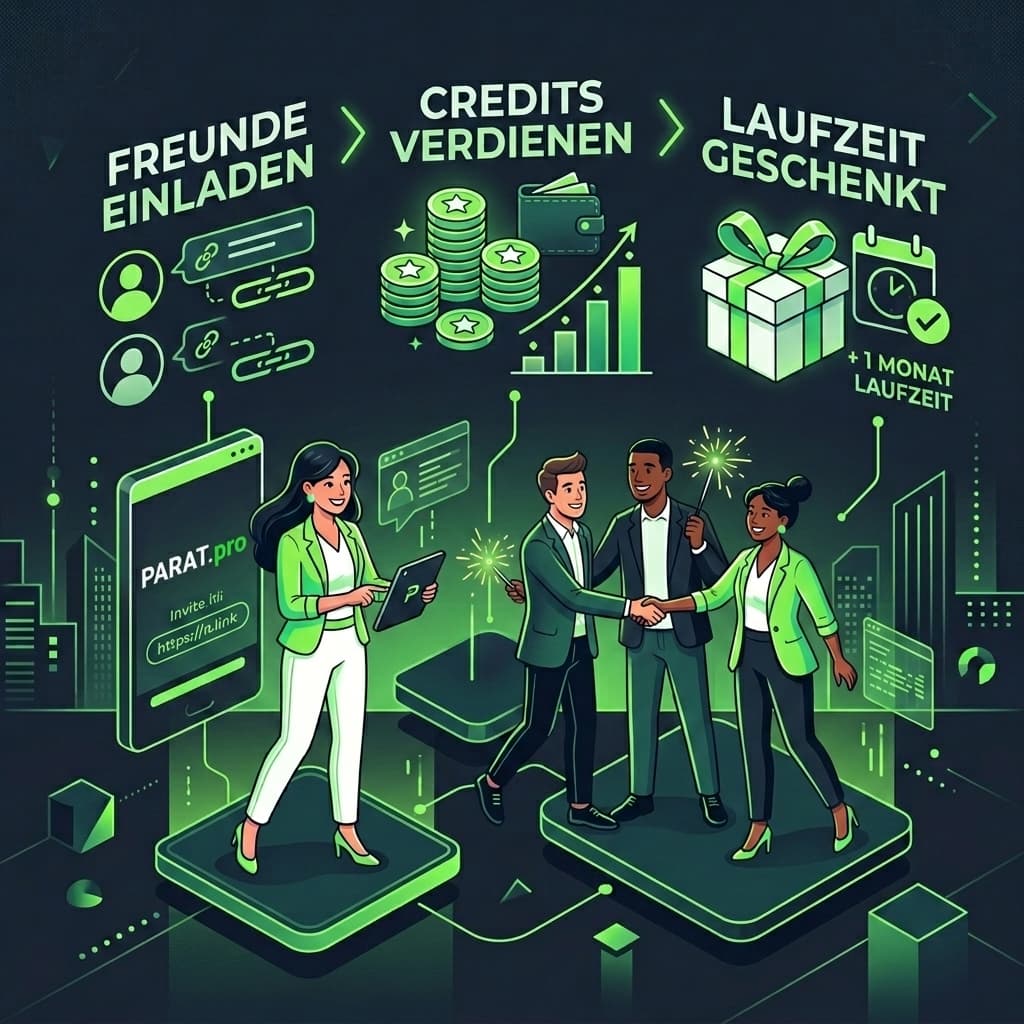 Grafische Übersicht des PARAT.pro Referral-Systems: Freunde einladen, KI-Credits sammeln und PRO-Monate freischalten.