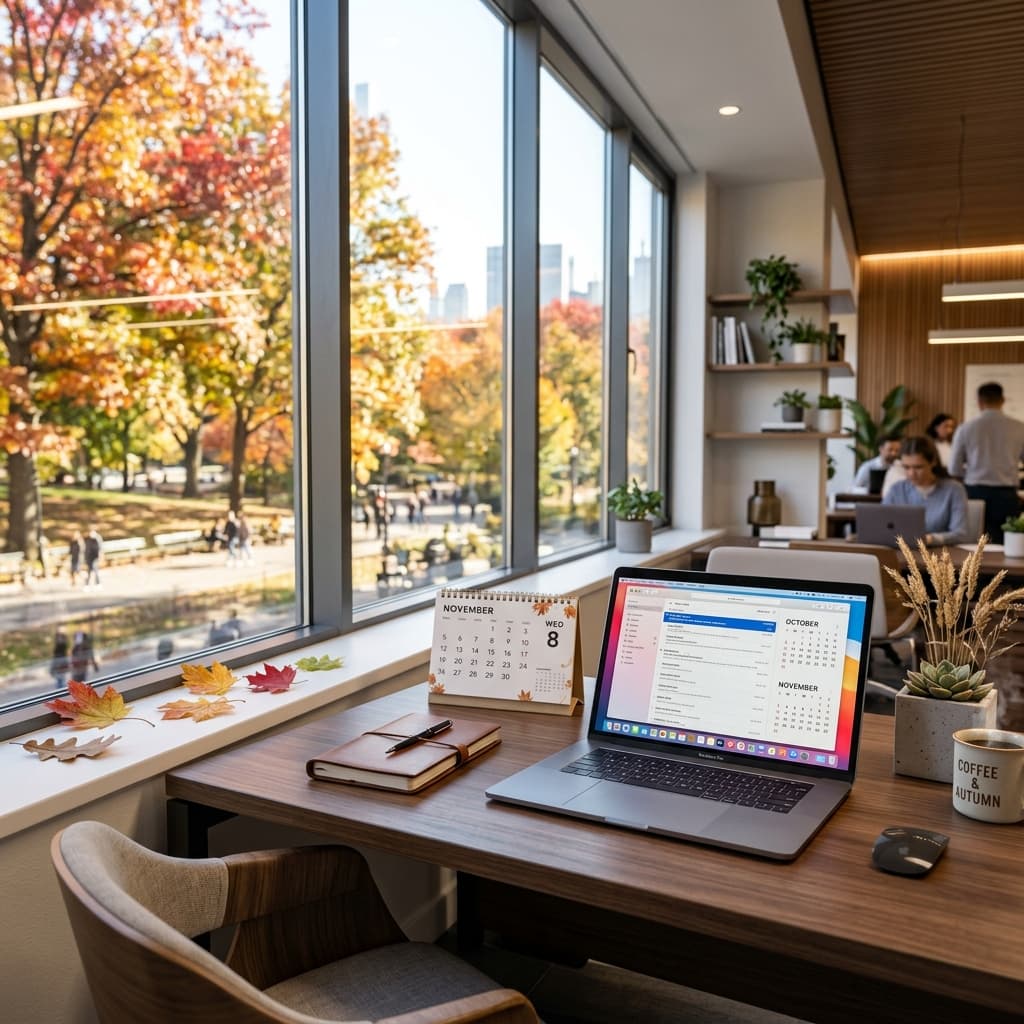 Moderne Büroumgebung im Herbst mit Kalender und Laptop am Fenster