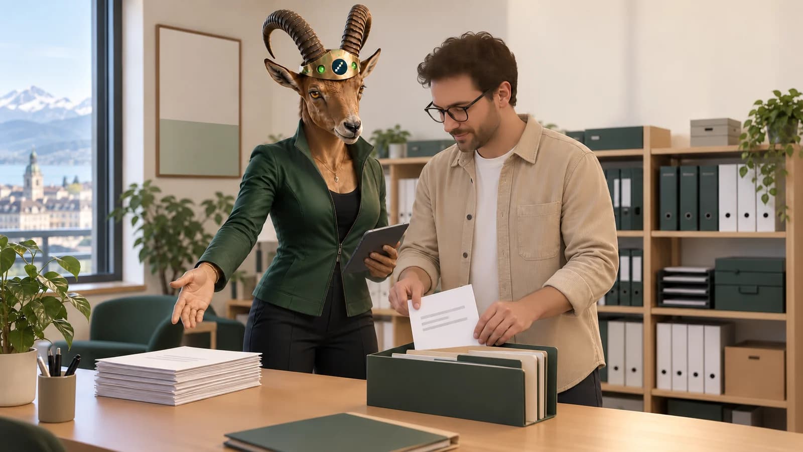 Ein Mann legt ein Dokument in eine Fächermappe, während die weibliche PARAT-Coachfigur neben ihm auf die Unterlagen weist.