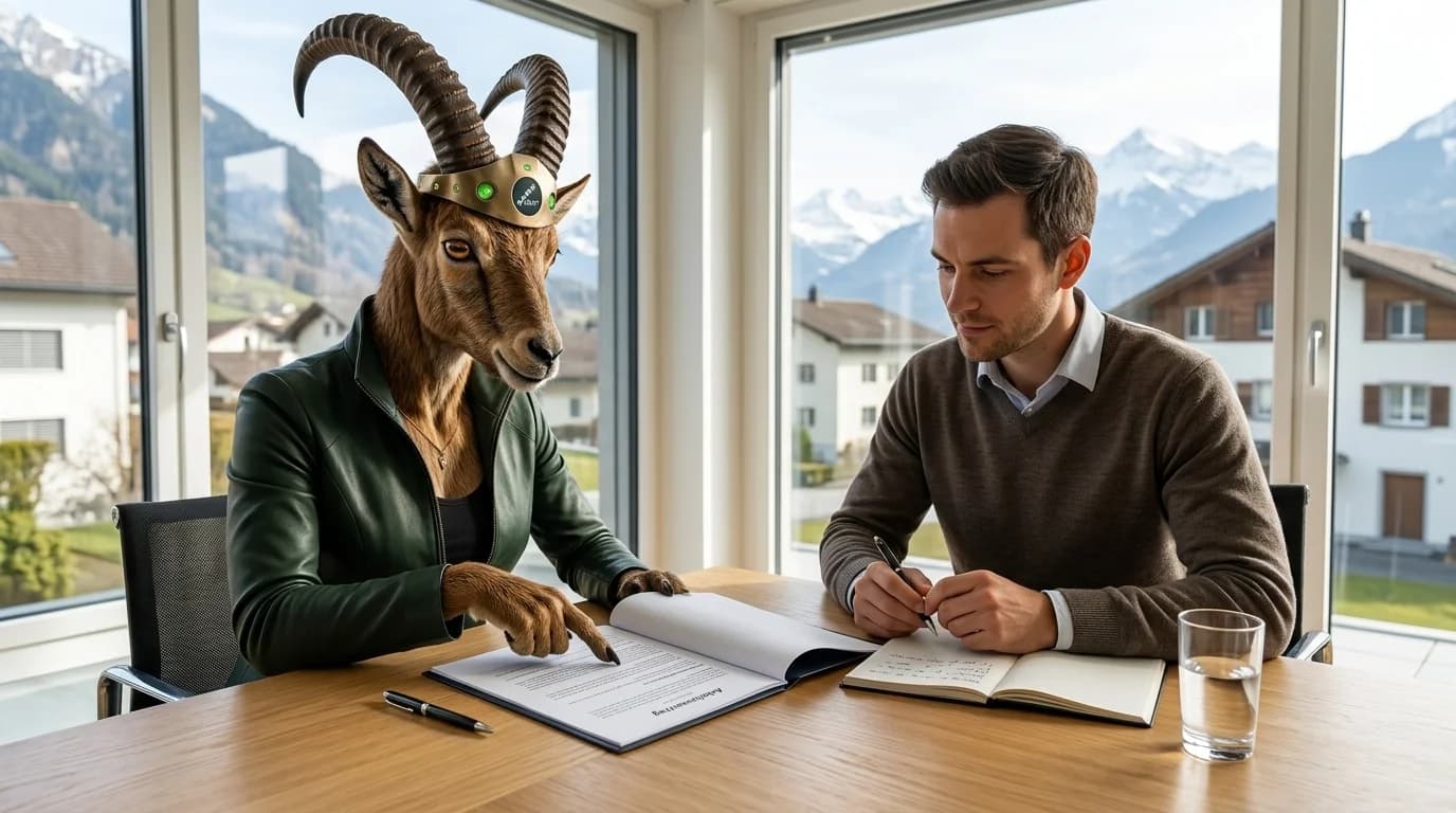 PARAT Steinbock-Coach Parata und ein Mann prüfen Unterlagen an einem Holztisch vor Bergpanorama.