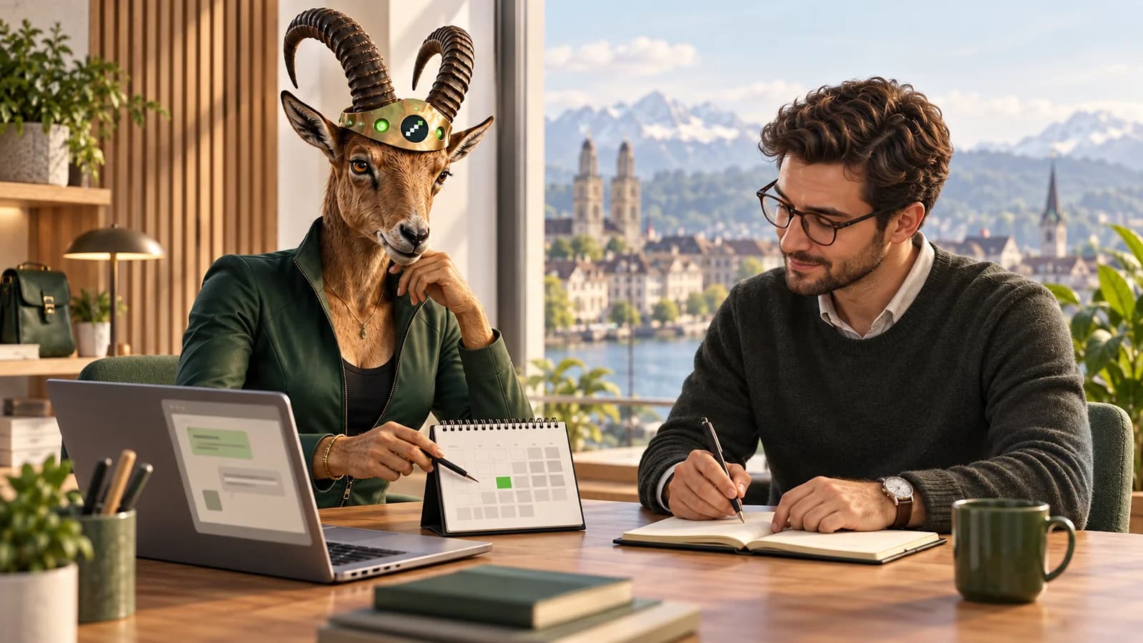 Die PARAT-Coachfigur zeigt auf einen Tischkalender, während ein Mann mit Brille neben dem Laptop Notizen macht.