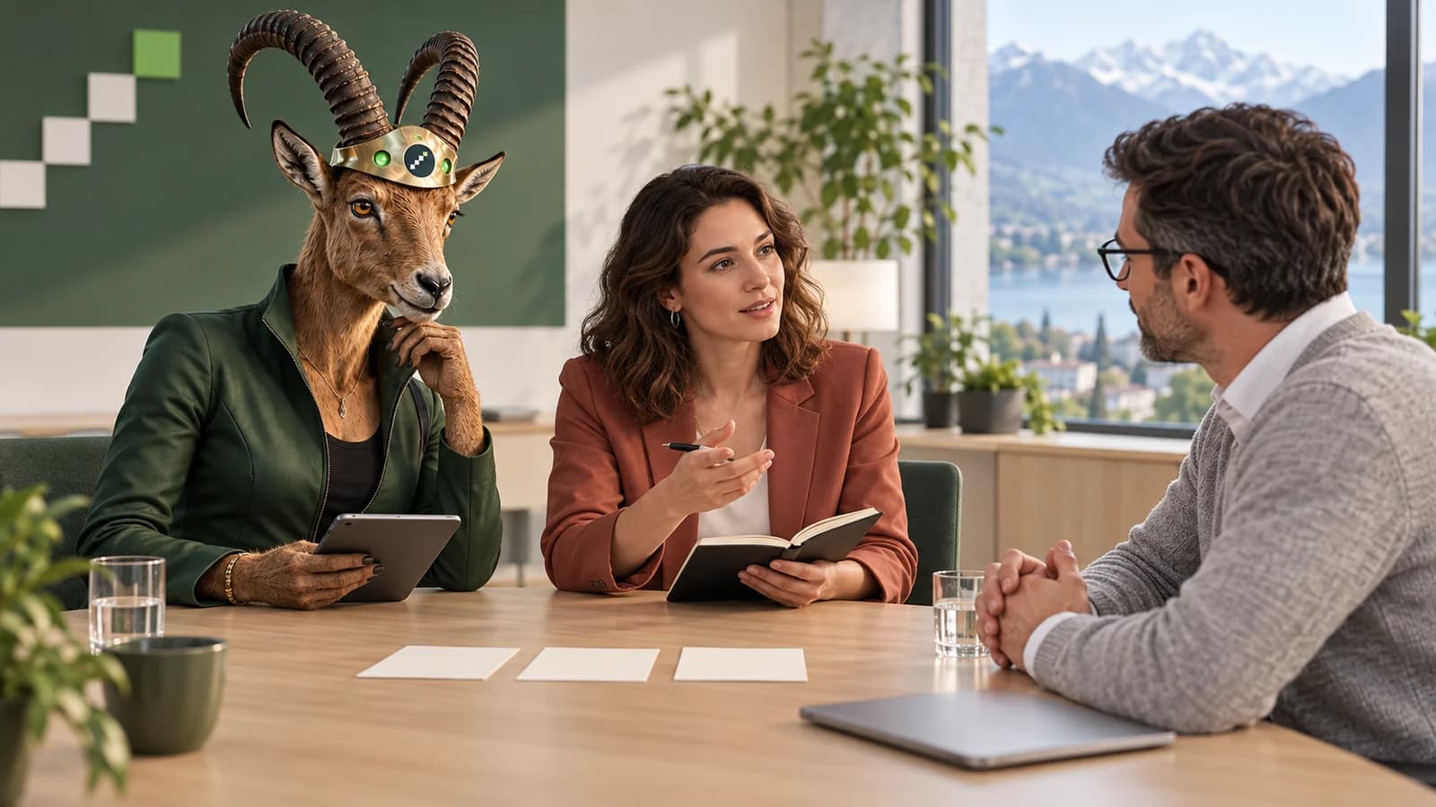 Eine Bewerberin mit Notizbuch spricht mit einem Mann; die weibliche PARAT-Coachfigur hört neben ihr zu.