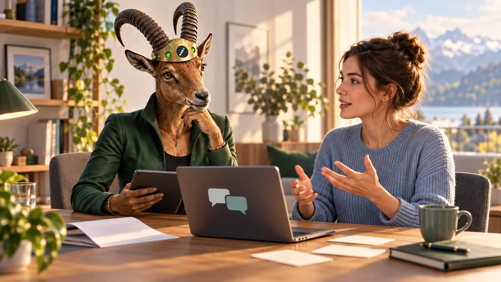 PARAT-Coachfigur hört einer Frau zu; auf dem Tisch stehen ein Laptop mit Sprechblasensymbolen und Notizkarten.