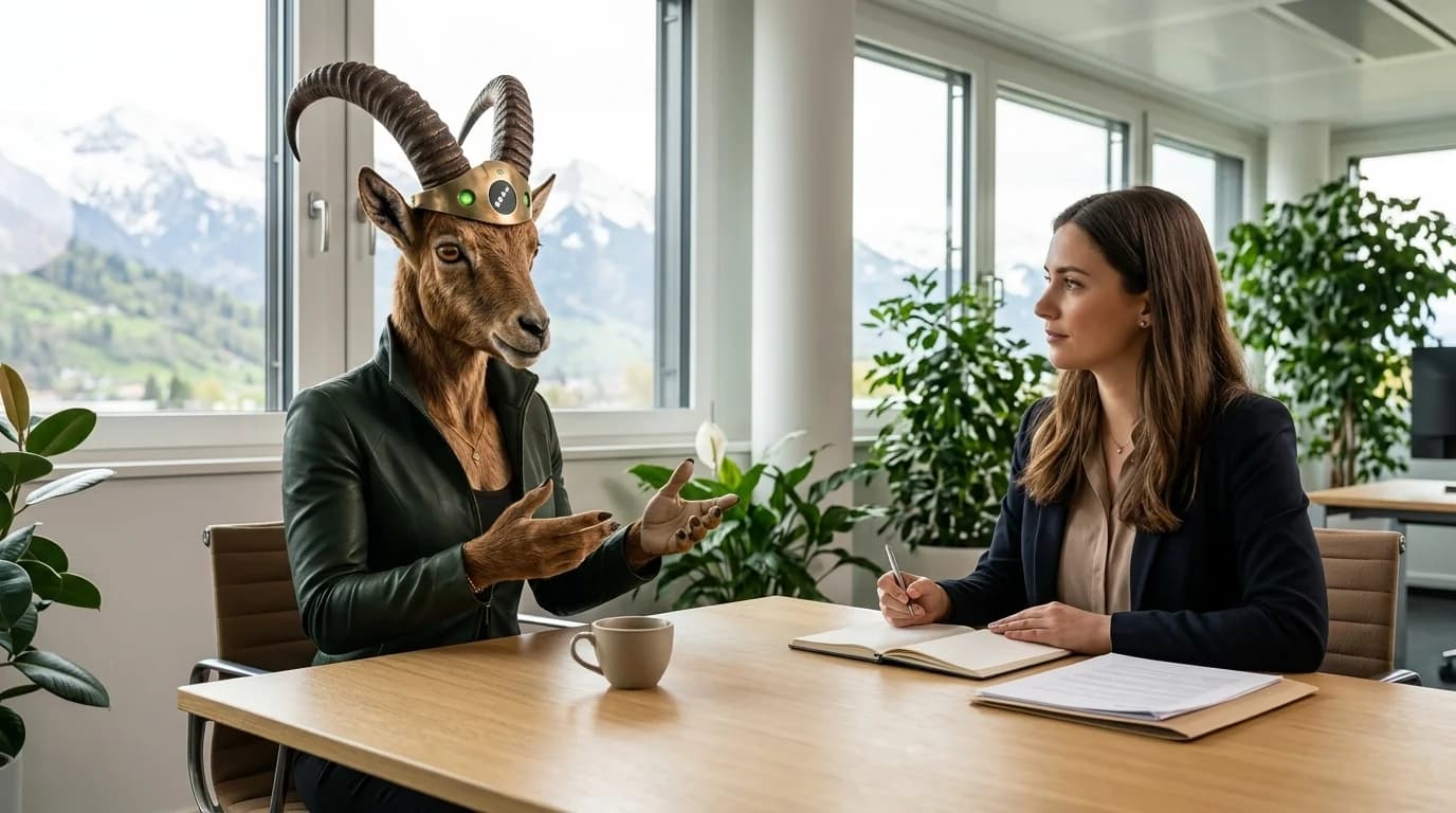 PARAT Steinbock-Coach Parata bespricht mit einer Bewerberin an einem Holztisch die Vorbereitung auf die Lohnverhandlung; vor ihnen liegen Notizbuch und Unterlagen mit Blick auf die Schweizer Berge.