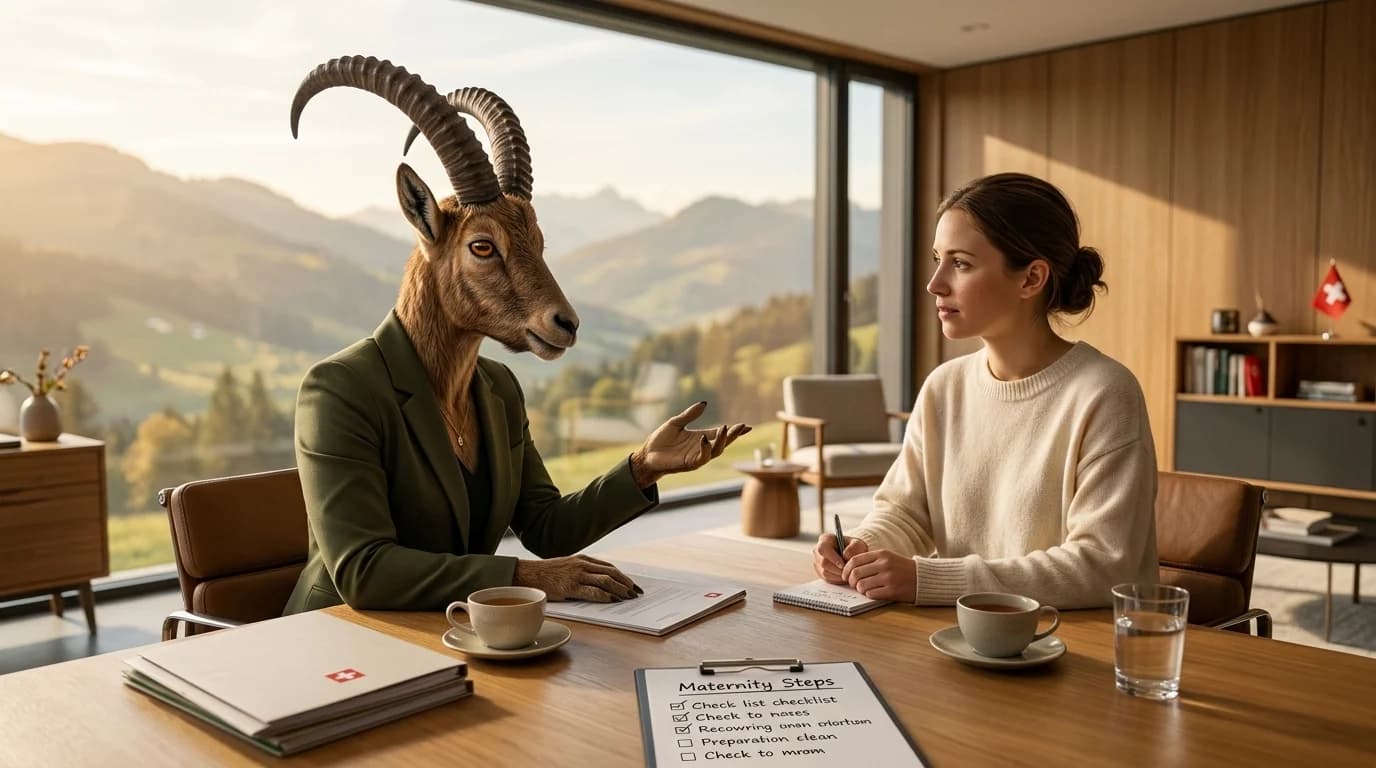 PARAT Steinbock-Coach Parata und eine Frau sprechen an einem Holztisch mit Checkliste und Unterlagen vor Bergpanorama.