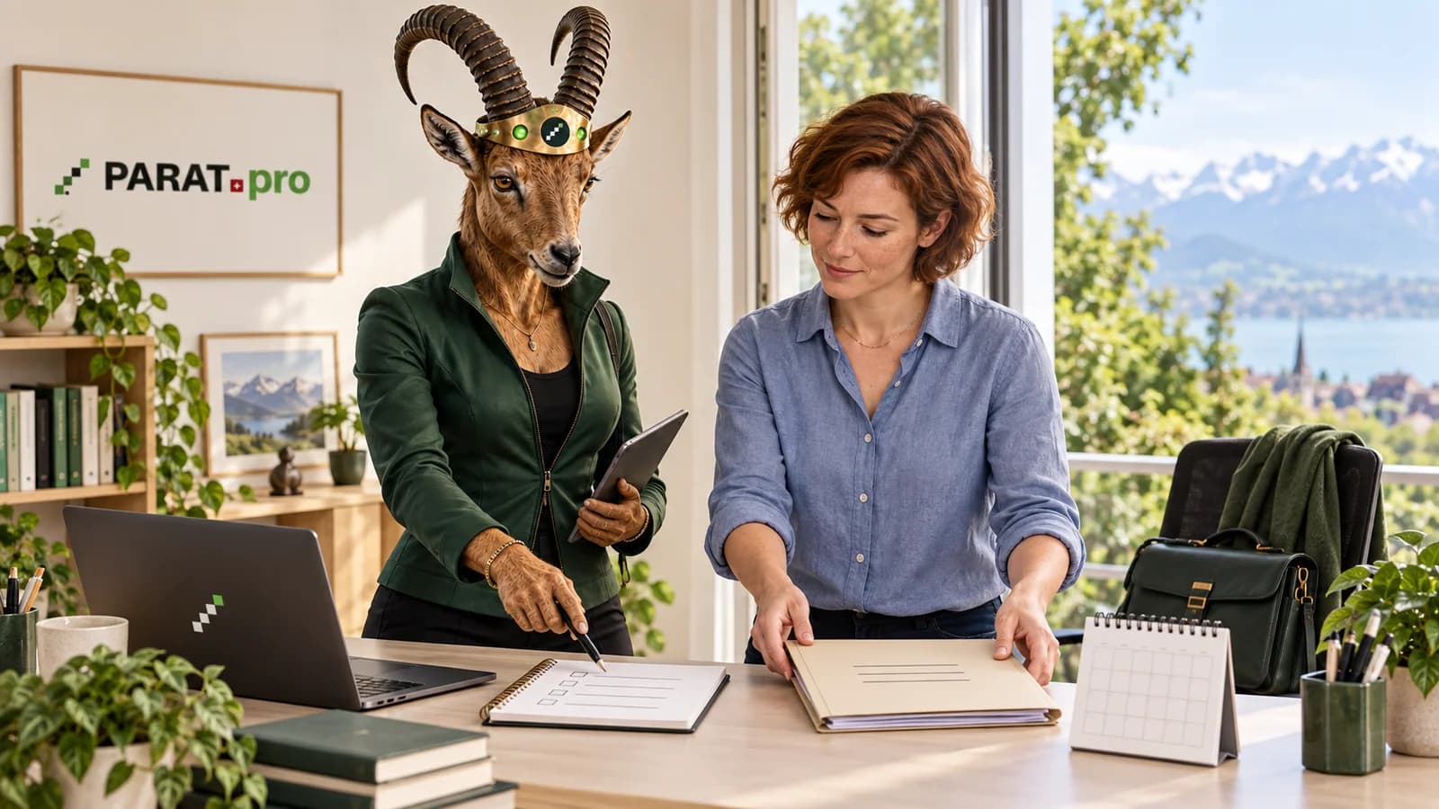 Eine Frau ordnet eine Mappe neben einem Tischkalender, während die weibliche PARAT-Coachfigur auf eine Notizliste zeigt.