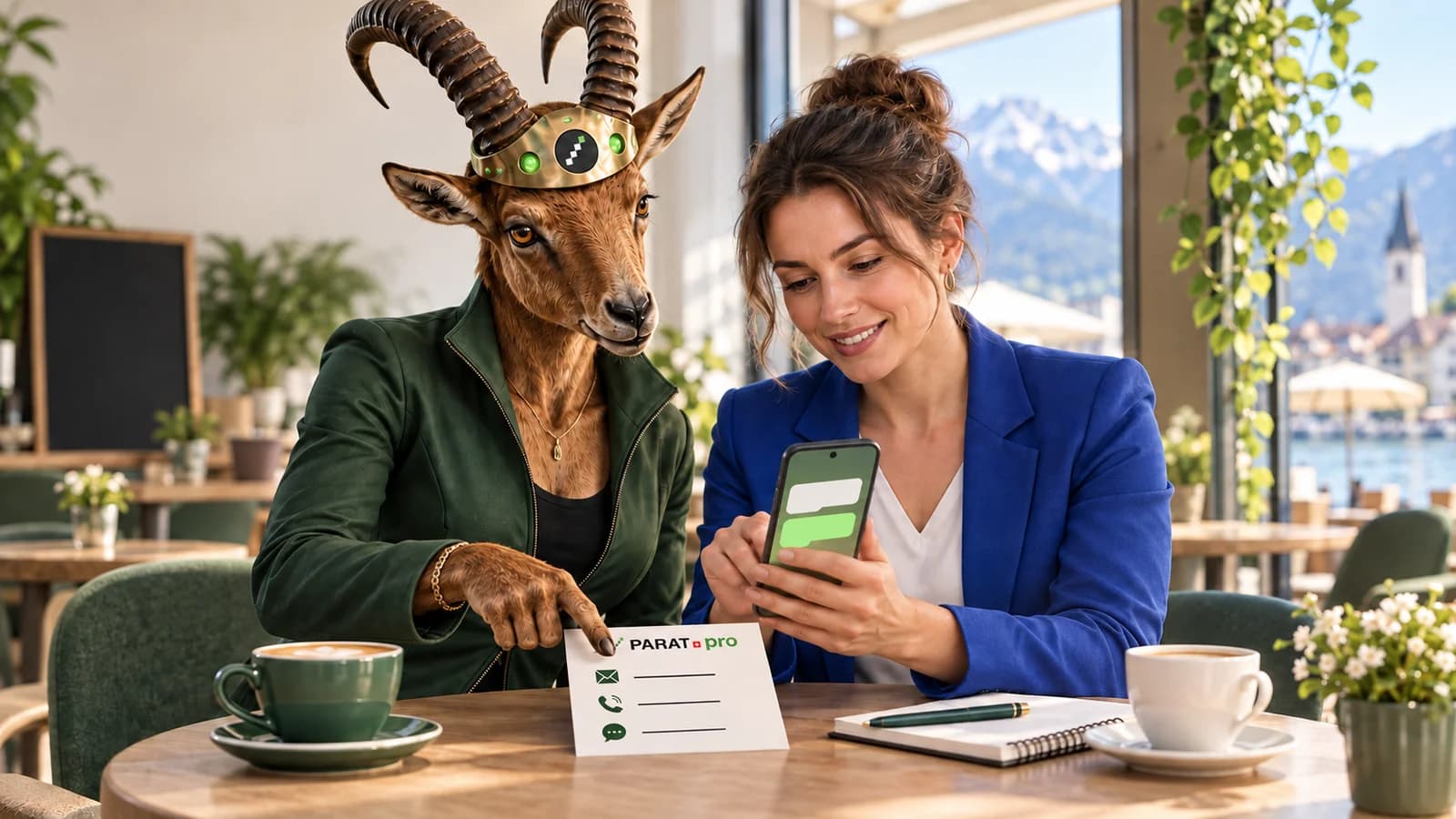 Eine Frau hält ein Smartphone, während die weibliche PARAT-Coachfigur auf eine Kontaktkarte neben dem Notizbuch zeigt.