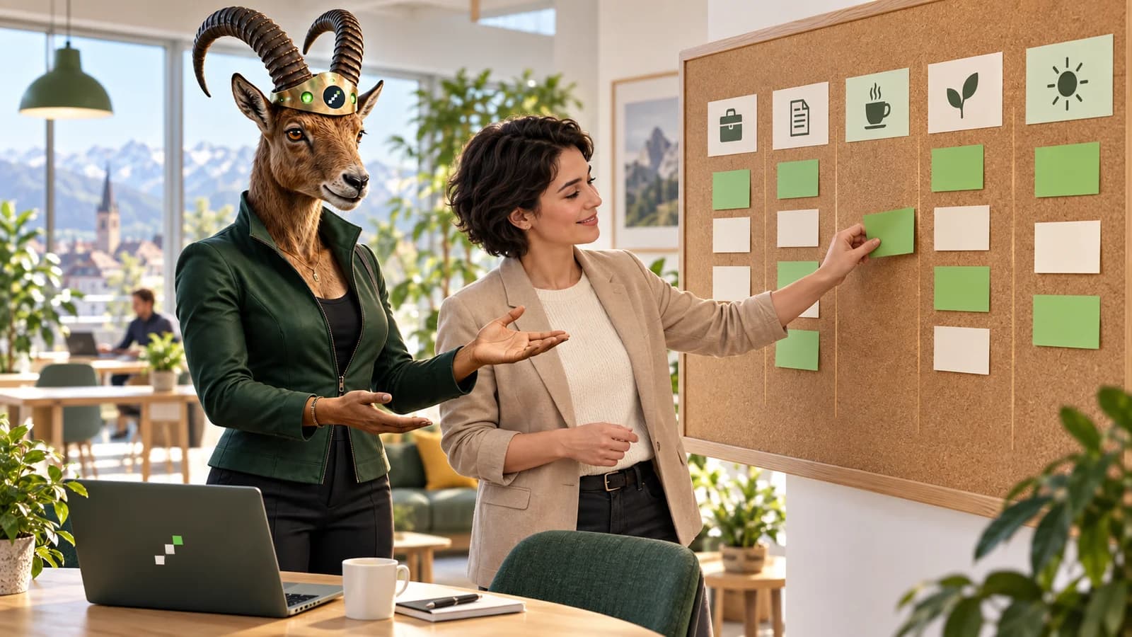 PARAT-Coachfigur und eine Frau ordnen Karten für einen flexiblen Wochenplan auf einer Pinnwand.