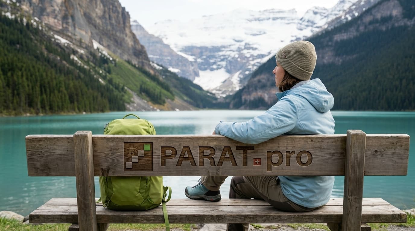 Persona seduta in modo rilassato su una panchina vicino a un lago alpino svizzero, con uno zaino verde mela accanto