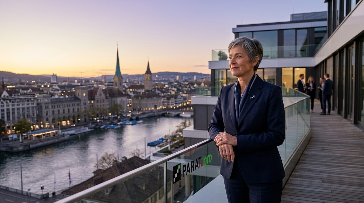 Selbstbewusste Fachkraft über 50 blickt über Schweizer Skyline