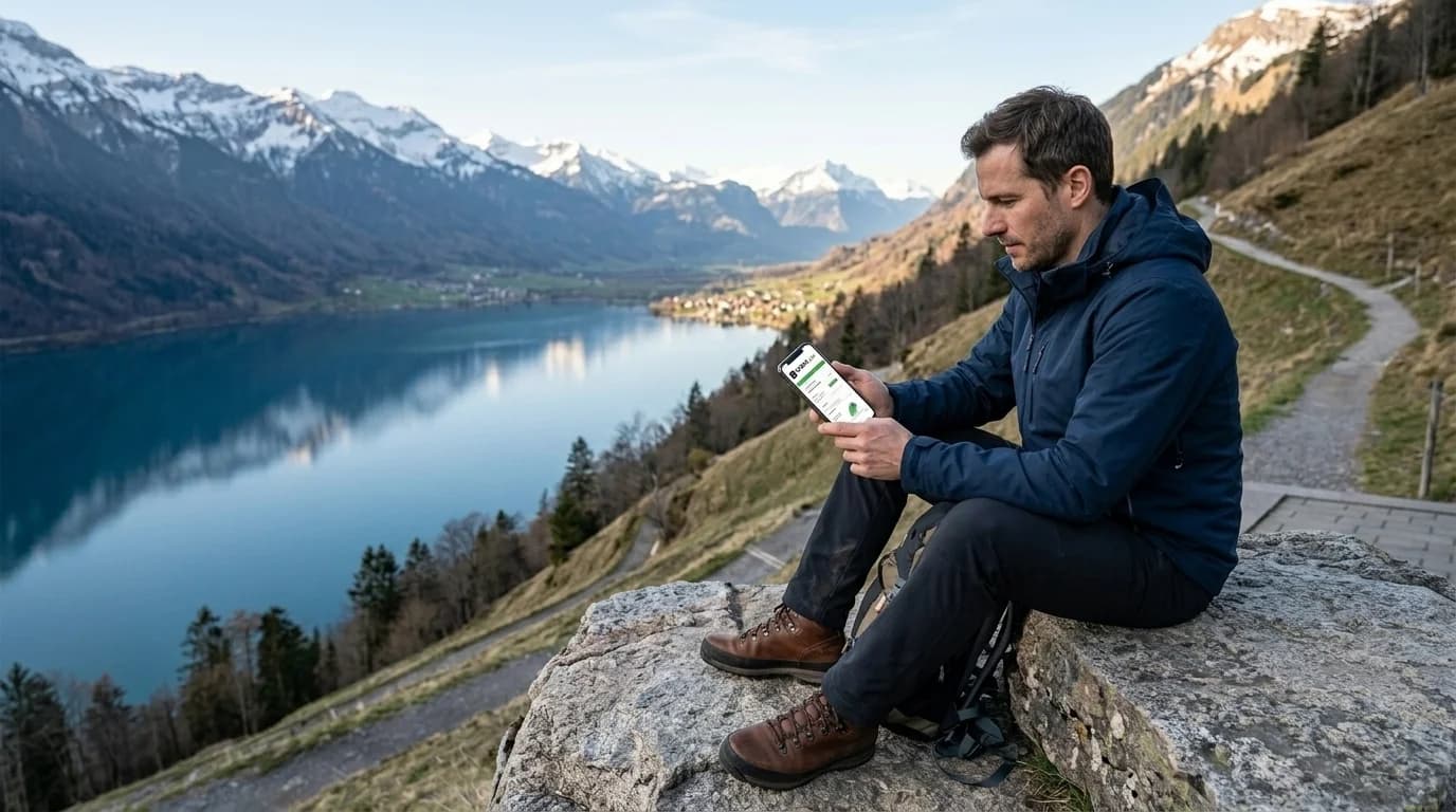 Determined person looking over a Swiss lake