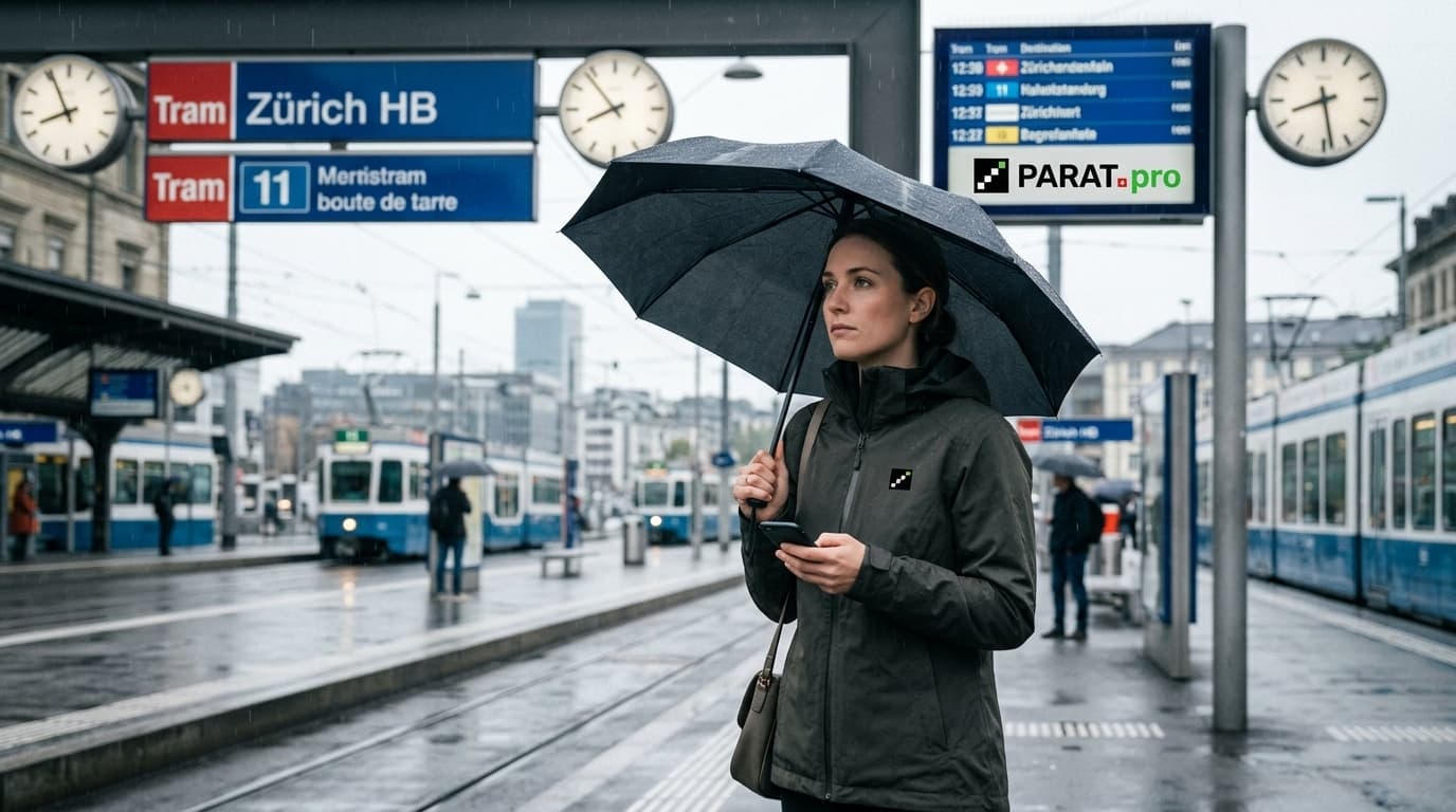 Person wartet im Regen an einer Schweizer Tramhaltestelle