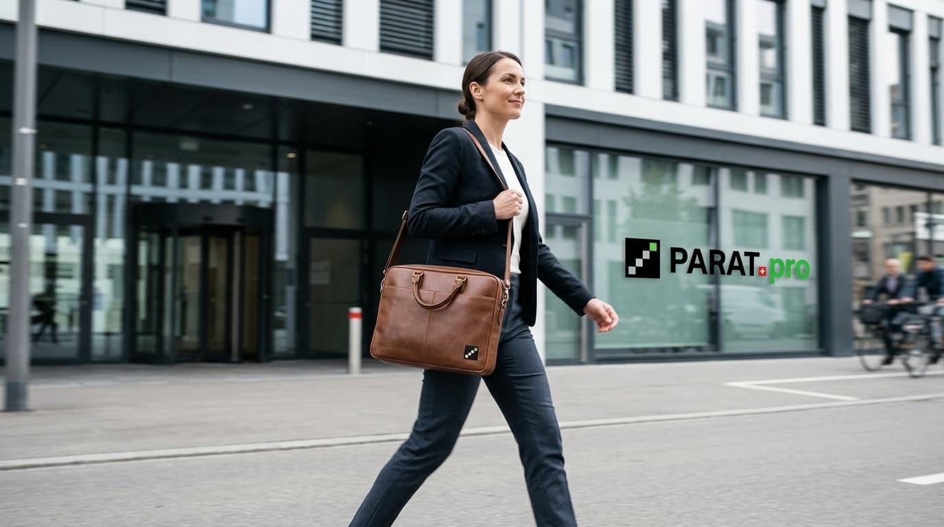 Person geht entschlossen an modernem Gebäude vorbei