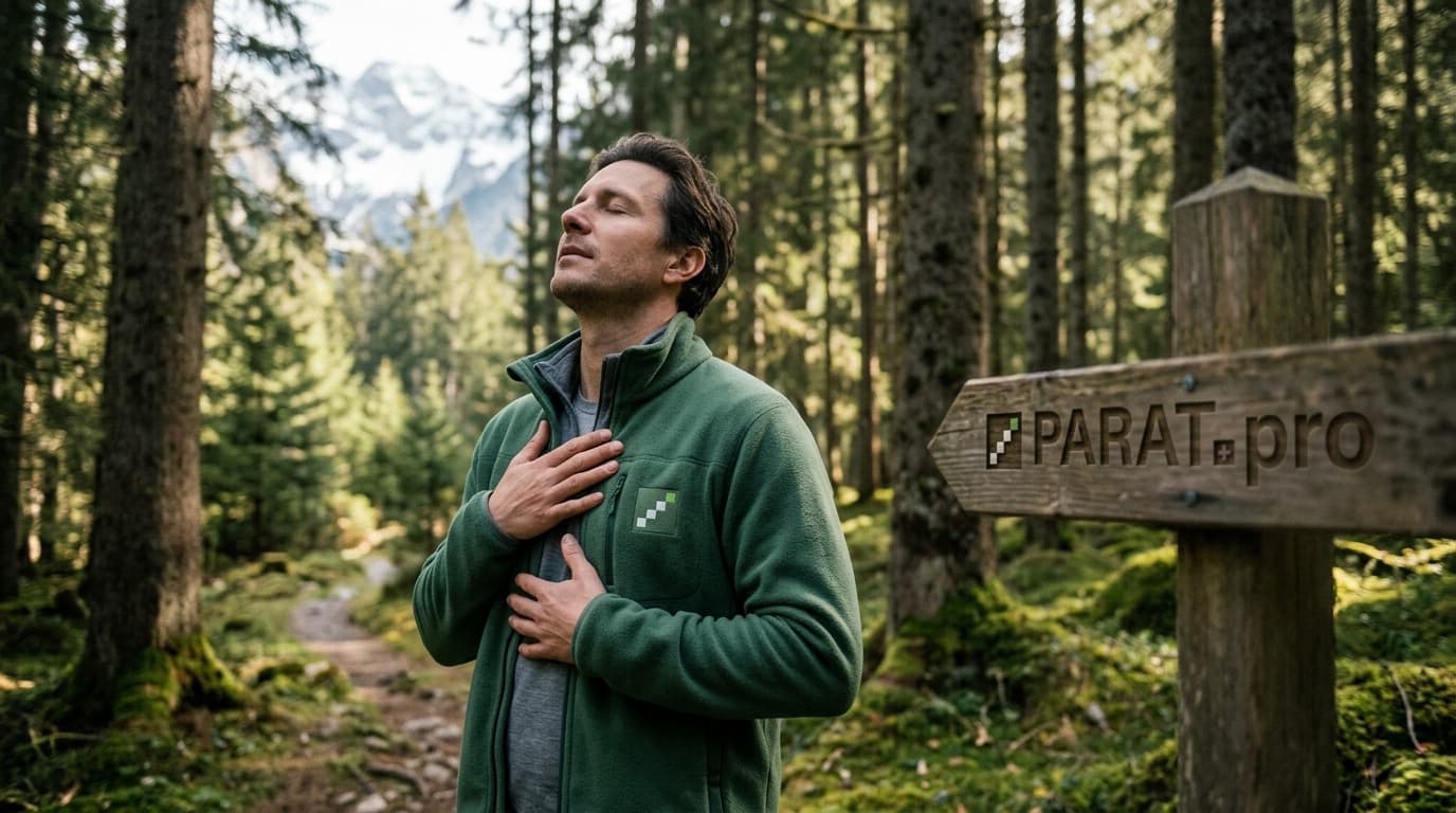 Person atmet tief in einem Schweizer Wald durch