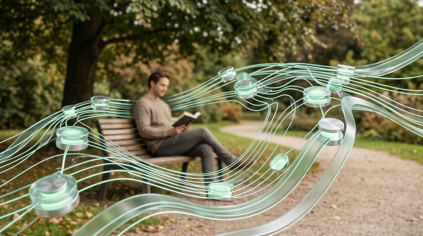 Digitale Netzwerkknoten umfliessen eine entspannte Person im Park