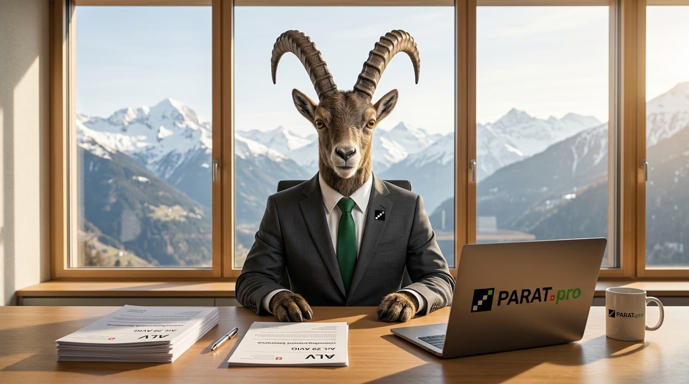 Mascota íbice de PARAT con traje en un escritorio frente a un panorama alpino, explicando la indemnización por desempleo y el anticipo de la indemnización diaria según el Art. 29 AVIG.
