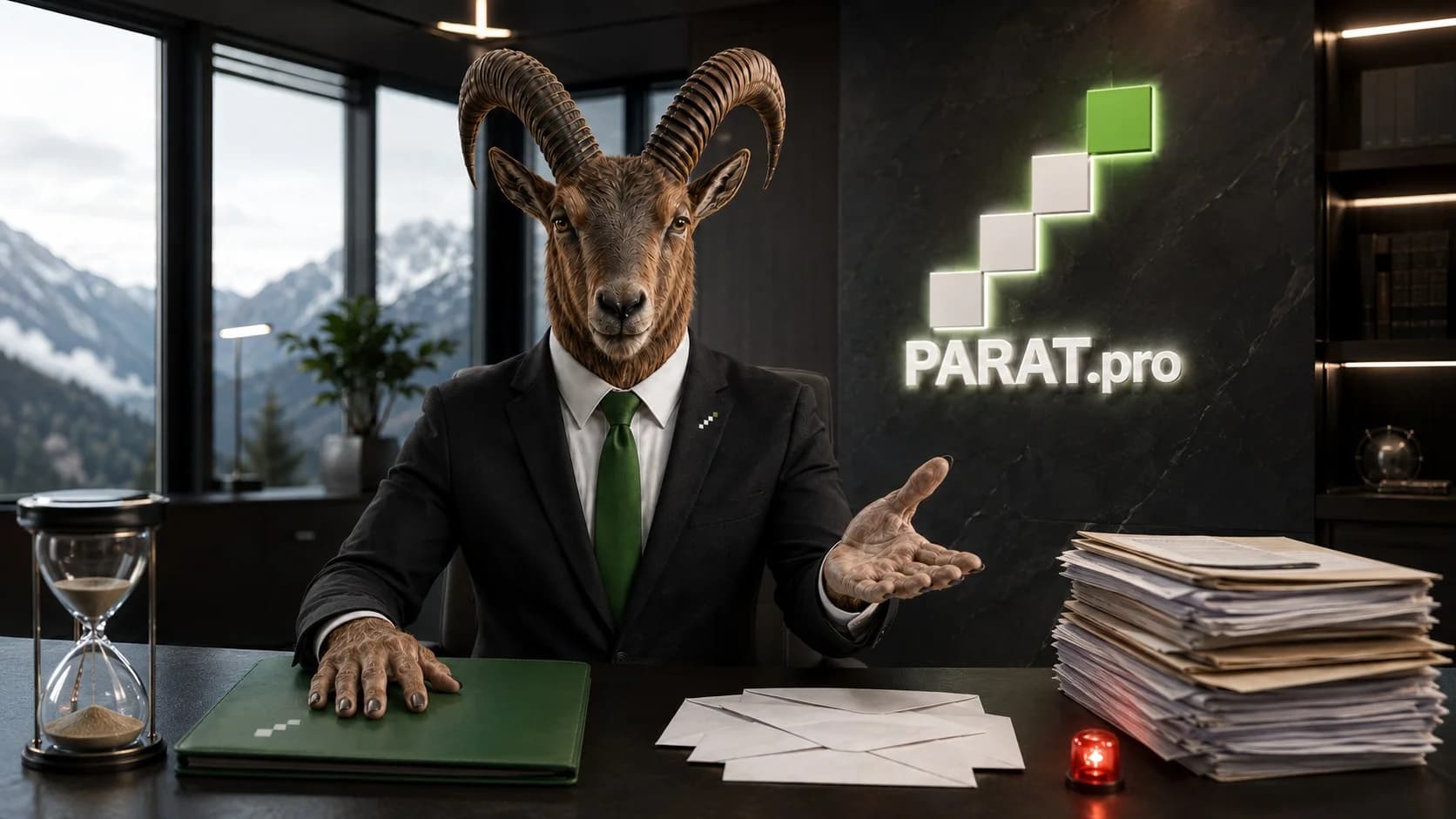 PARAT ibex mascot in a suit at a desk against an Alpine panorama, explaining unemployment benefits and daily allowance advances under Art. 29 AVIG.