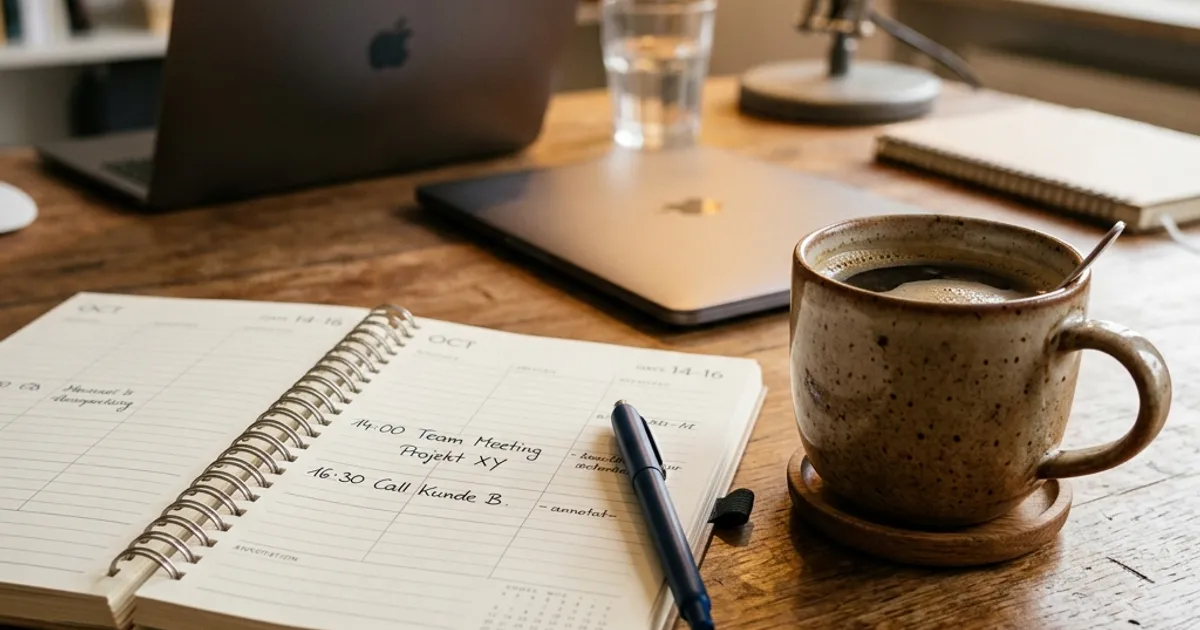 Nahaufnahme eines Kalenders und einer Kaffeetasse auf einem Schreibtisch
