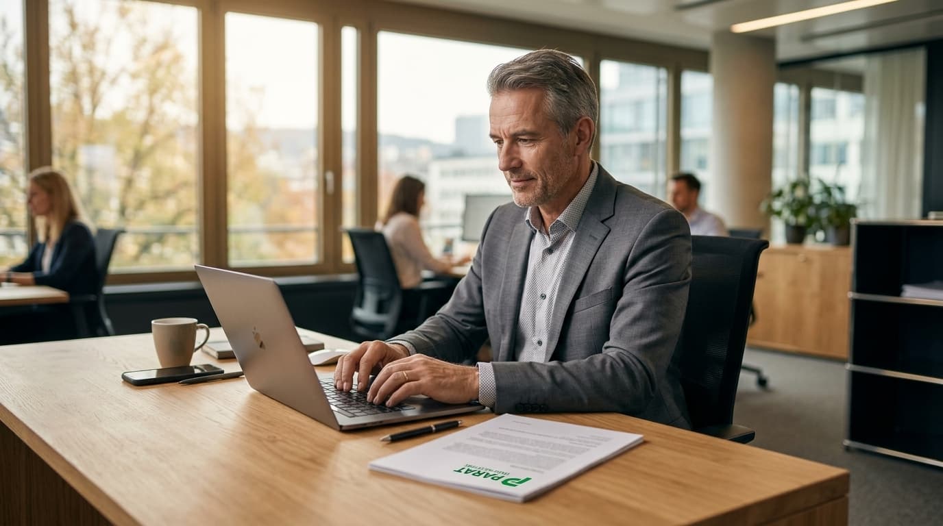 Erfahrener Schweizer Professional Ü50 arbeitet fokussiert an der Bewerbung mit PARAT Unterlagen