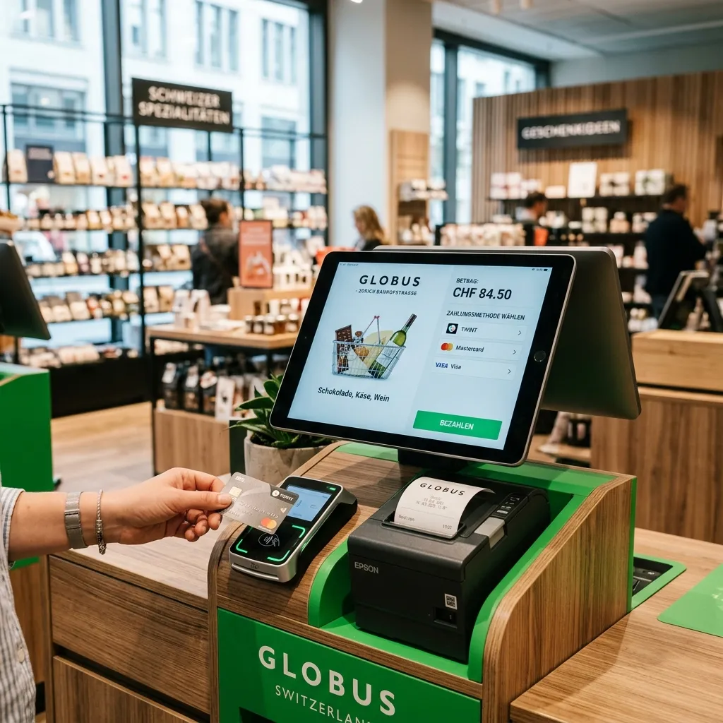 Nahaufnahme eines modernen digitalen Kassensystems im Detailhandel, weiches natürliches Licht