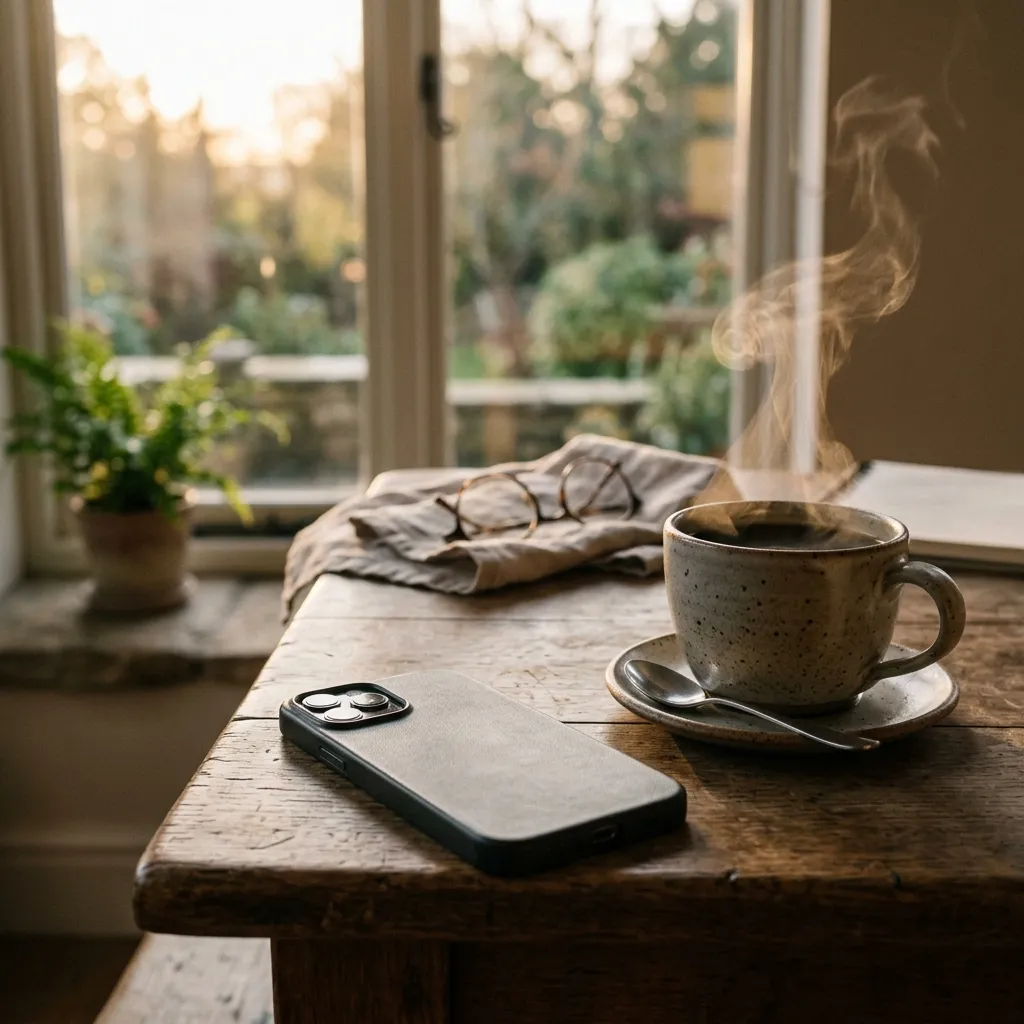 Ein umgedrehtes Smartphone neben einer dampfenden Tasse Kaffee auf einem Holztisch in der Morgensonne.