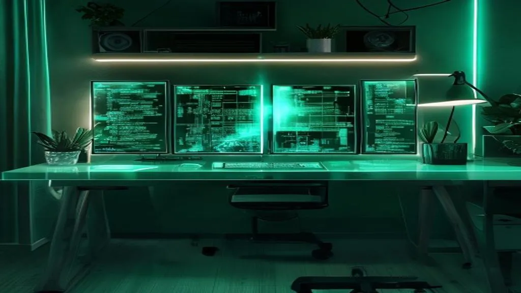 Ein moderner Schreibtisch mit einem leuchtenden Matrix-Hologramm, das vier Quadranten zeigt