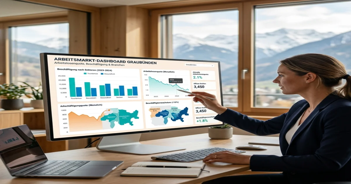 Interaktives Daten-Dashboard auf einem Bildschirm mit Fokus auf den Schweizer Arbeitsmarkt