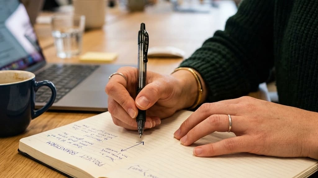 Hände, die nervös einen Stift über einem Notizbuch auf einem Schreibtisch halten