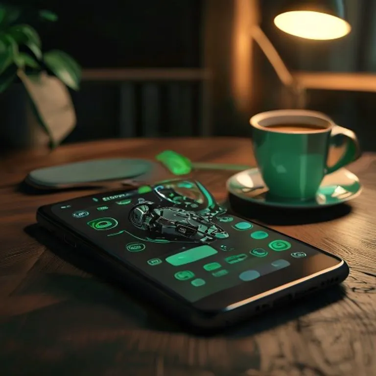 Nahaufnahme eines Smartphones mit einem Chatbot auf einem Holztisch neben einem Kaffee.