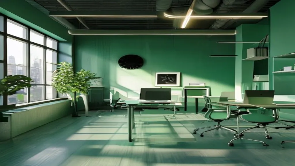 Oficina suiza moderna con portátil y detalles en verde menta