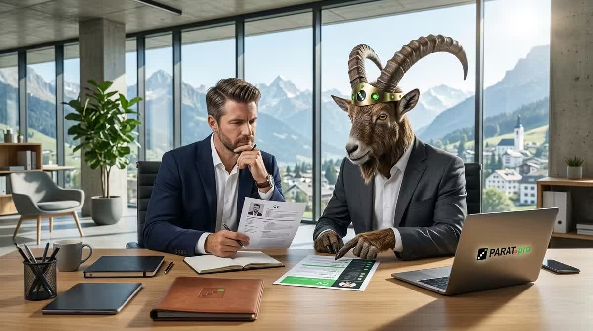 An HR manager and the PARAT ibex mascot in a suit look at a modern CV layout at a desk in a Swiss office.