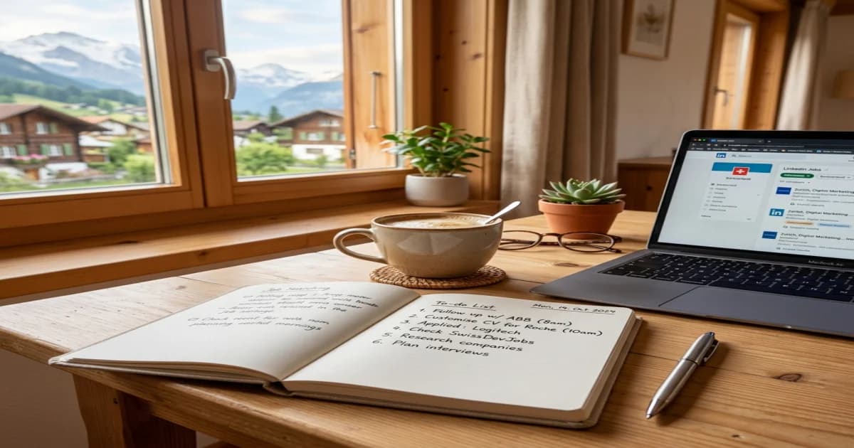 Nahaufnahme einer halbvollen Kaffeetasse und eines Notizbuchs auf einem Holztisch