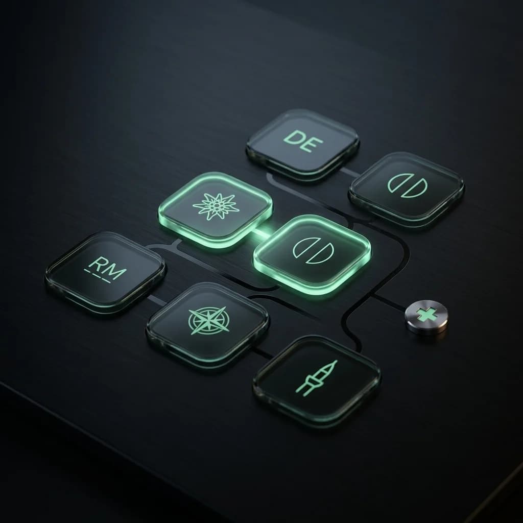 Glassmorphism Sprachauswahl-Interface mit mint grünem Leuchten auf dunklem Hintergrund — symbolisiert PARAT in 7 Sprachen