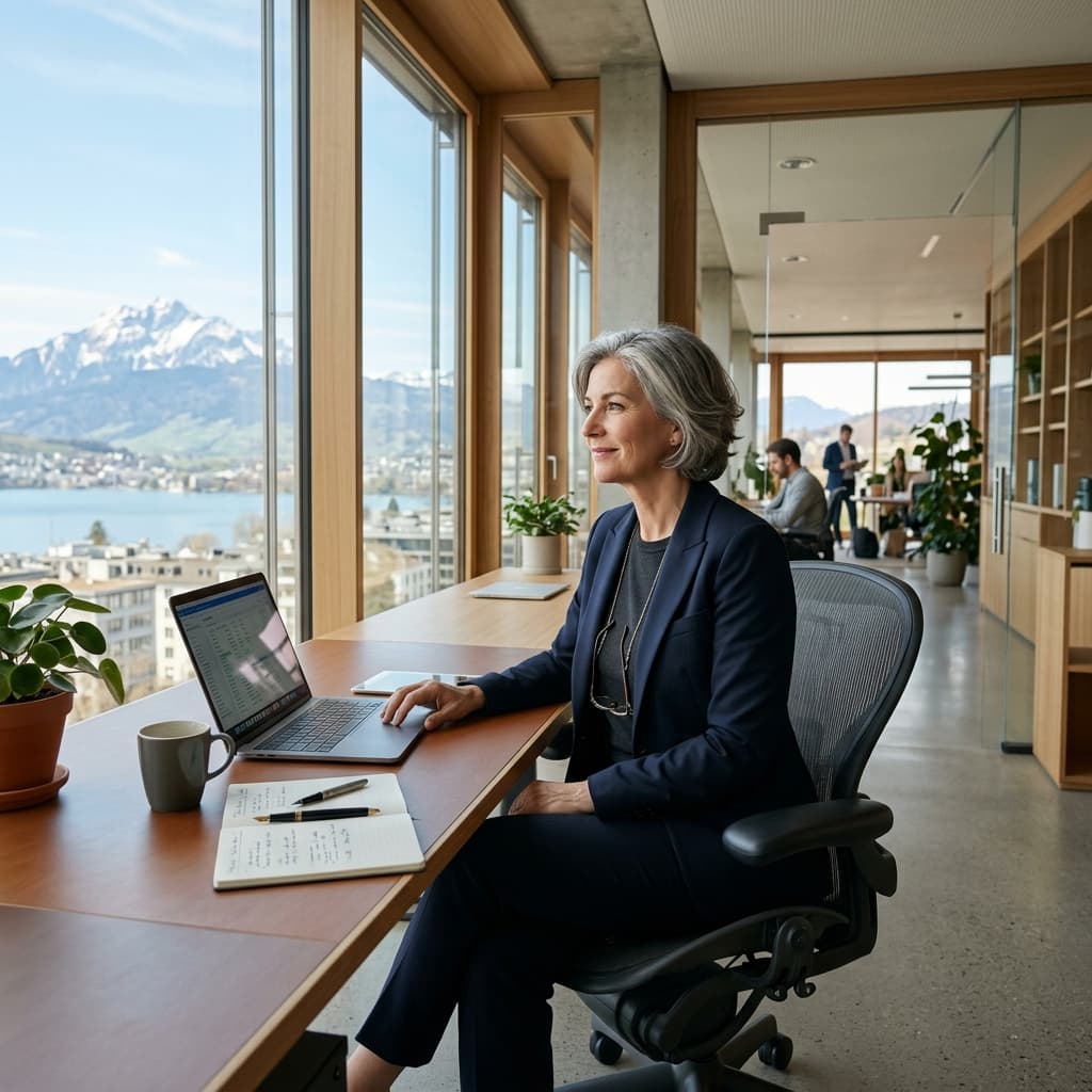 Una persona segura de sí misma, de más de 50 años, en una oficina moderna y luminosa con vistas a los Alpes suizos, lista para un nuevo comienzo profesional.