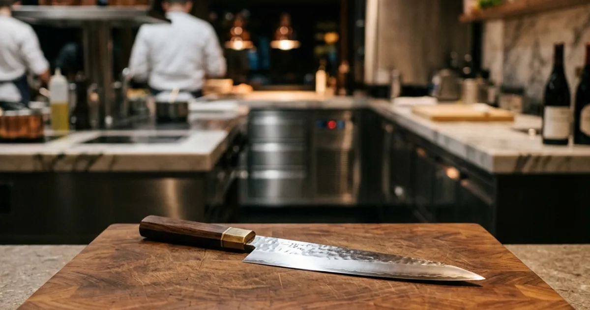 Primer plano de un cuchillo de chef afilado en una tabla de cortar de madera con hierbas frescas