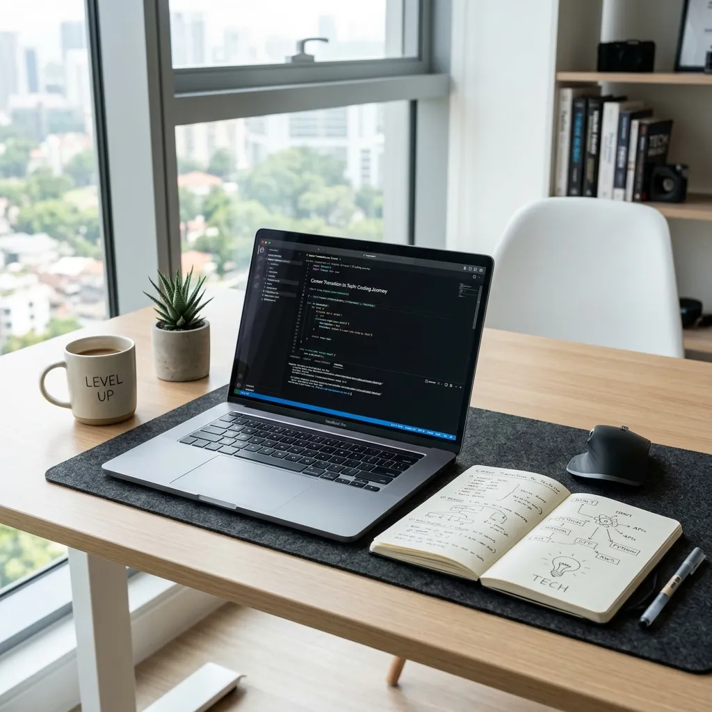 Configuración de oficina moderna con computadora portátil, cuaderno y luz brillante, símbolo de un cambio de carrera en el mundo tecnológico