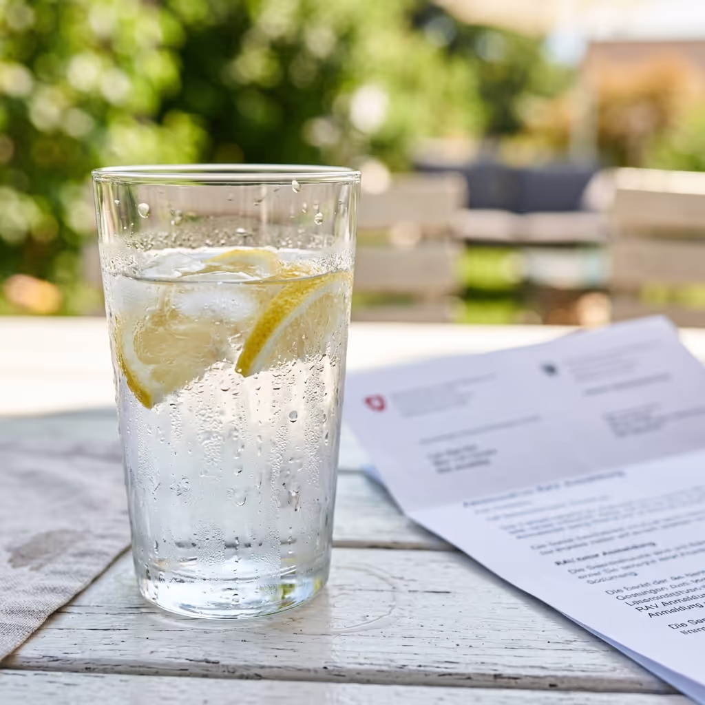 Nahaufnahme eines eiskalten Glases Limonade mit Kondensationstropfen neben einem unscharfen RAV-Brief auf einem Gartentisch im Sommer