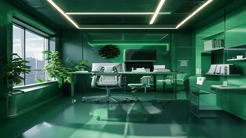 Futuristisches Schweizer Büro im Dark Mode Design mit grünen Akzenten, das IT und Cybersecurity repräsentiert