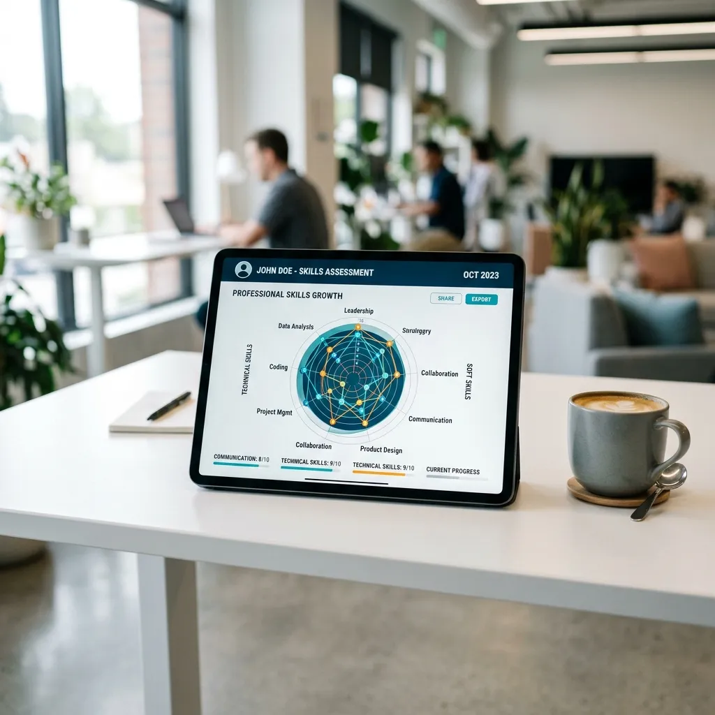 Modernes Tablet mit Skill-Diagramm und Kaffeetasse auf weissem Schreibtisch