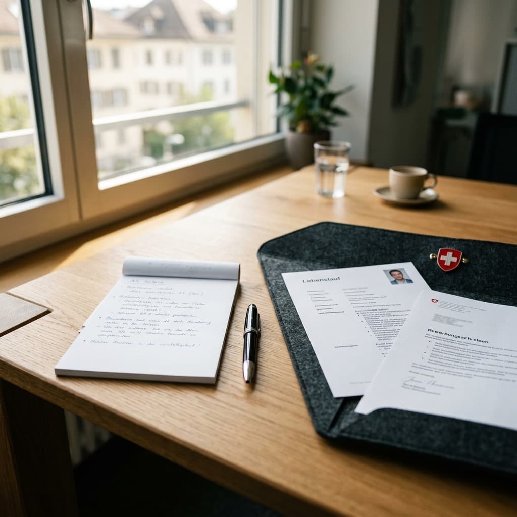 Notizbuch mit Kugelschreiber und Lebenslauf auf einem Holztisch – Vorbereitung auf das RAV-Erstgespräch in der Schweiz